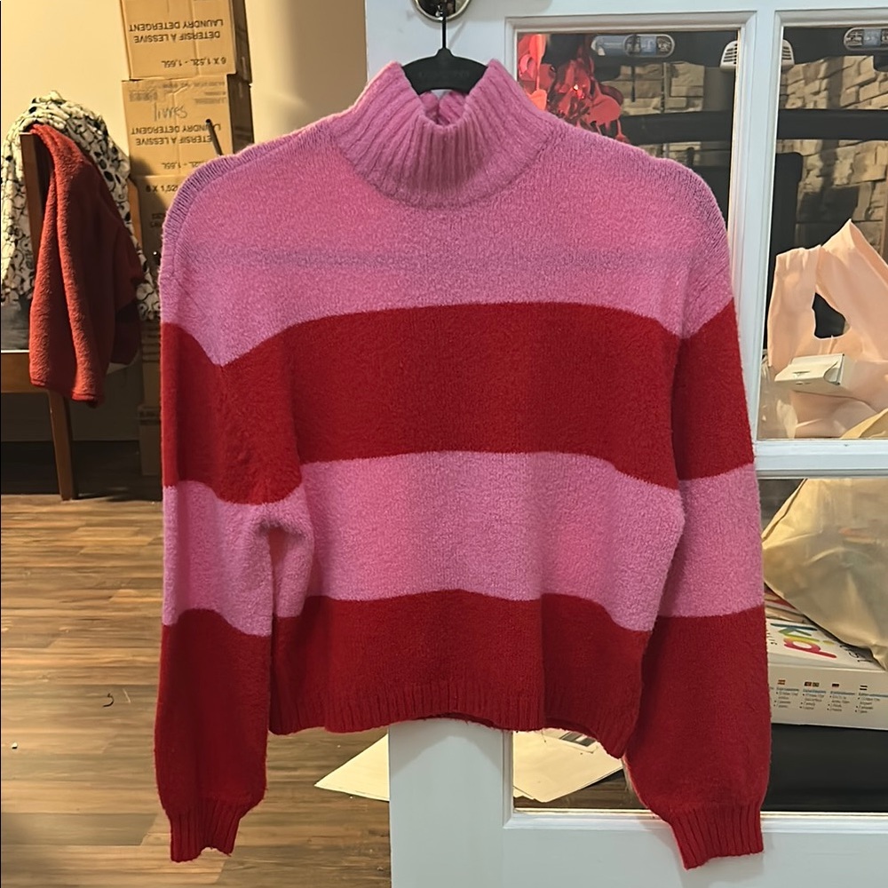 Brave Soul Pink and Red Striped Turtleneck Sweater